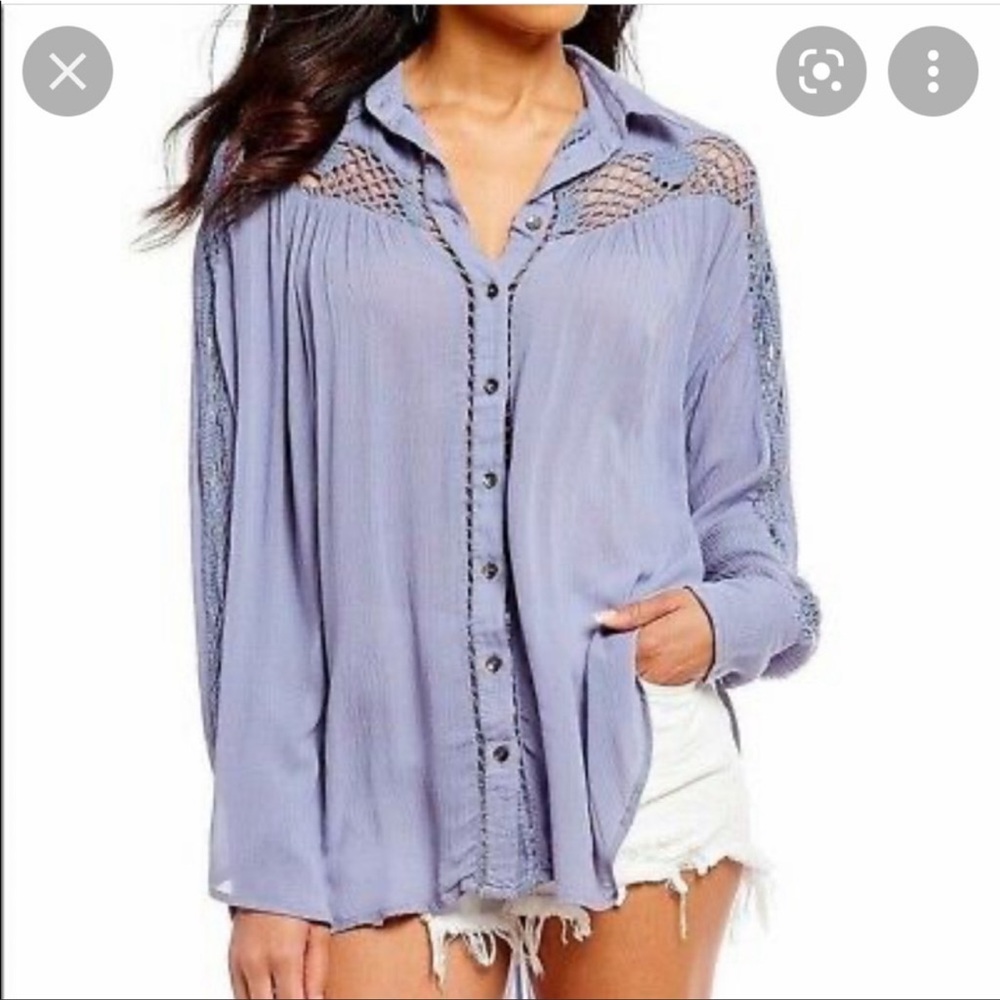 Free People Katie Bird Lace Crochet Inset Blue Button Down Blouse, XS - Picture 3 of 7